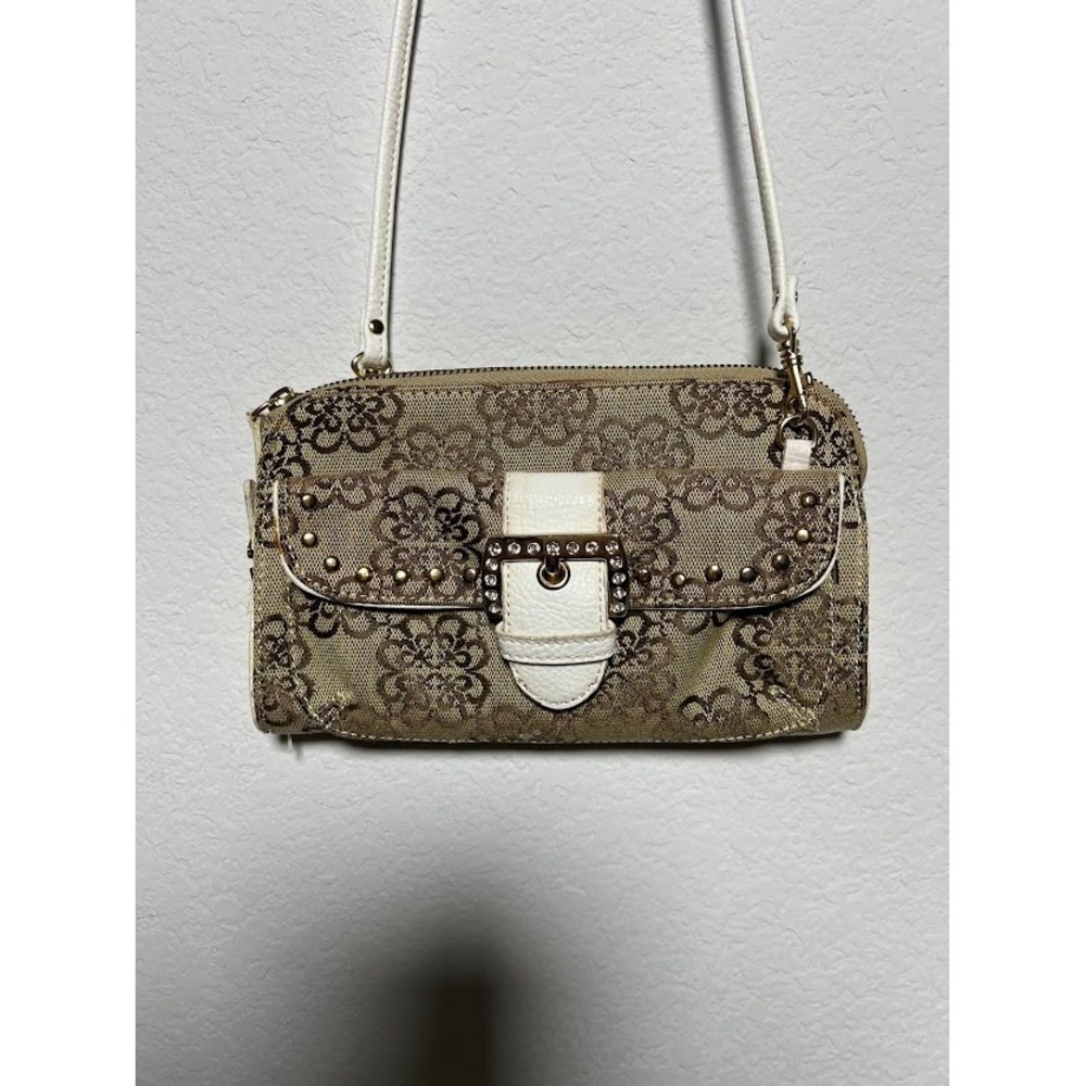 Kathy Van Zeeland Crossbody Bag Small Brown Tan Women Y2K Rhinestone Studded Bag